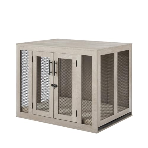 unipaws Furniture Style Dog Crate with Cushion and Tray, Mesh Dog Kennels with Double Doors, End Table Dog House, Medium Crate Indoor Use, Chew-Proof
