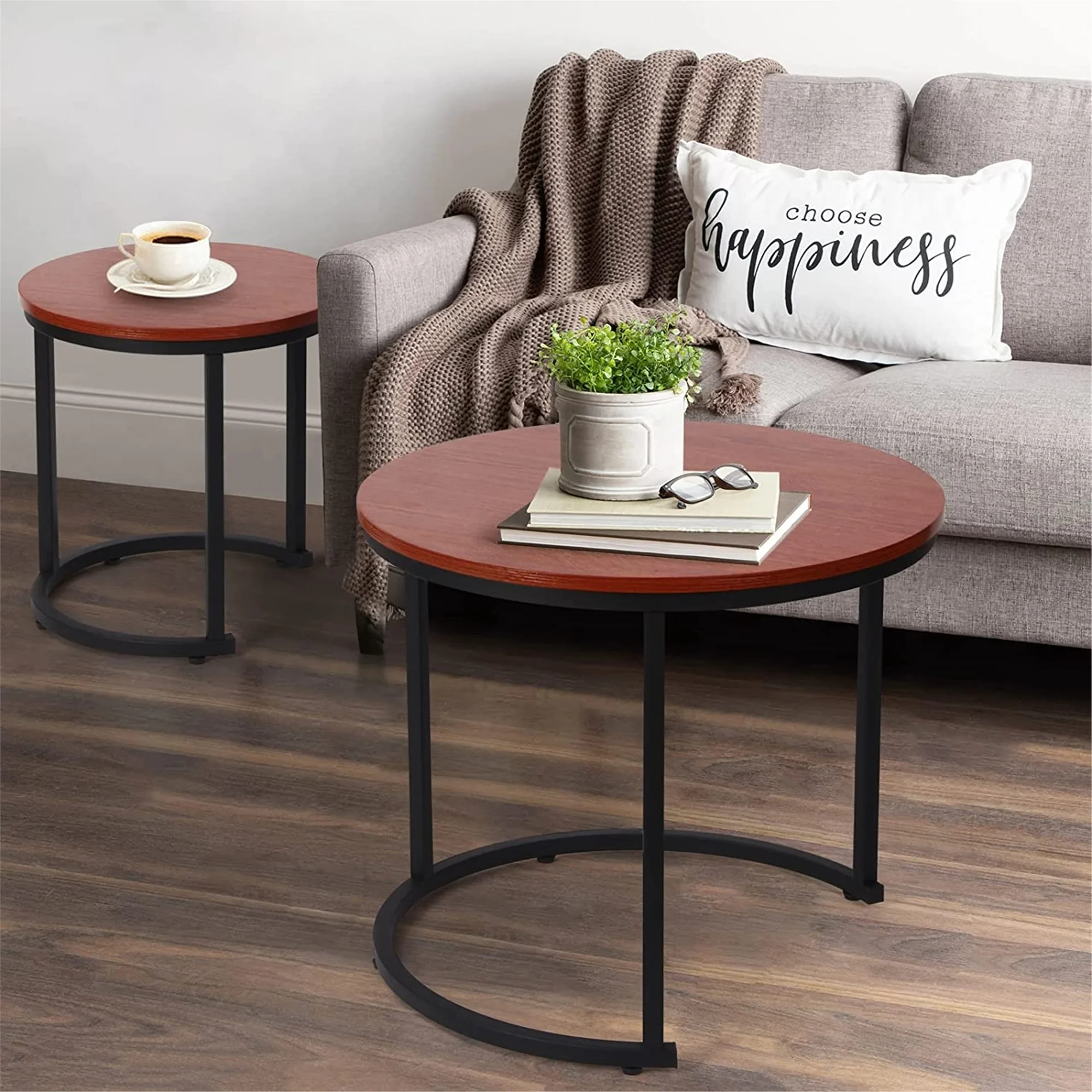 Modern Round Nesting Tables with Metal Frame (Set of 2) (White & Black)