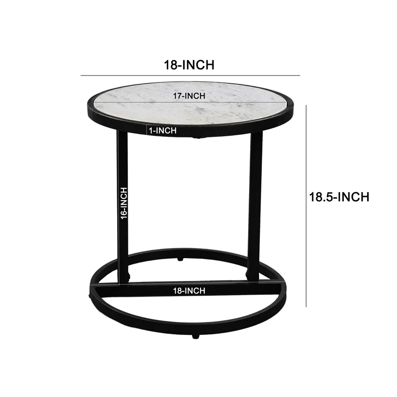 Beri Side End Table Round White Natural Marble Top Classic Slim Black Iron Frame