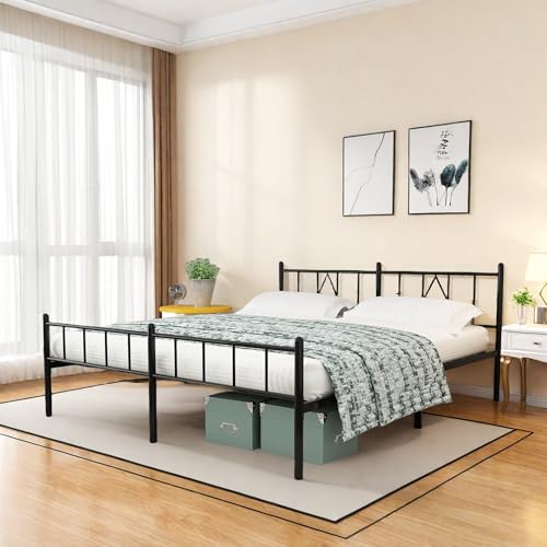Full Size Bed Frame, 14 Inch Metal Platform Bed with Iron-Art Headboard & Footboard, Classic Bed Frame with Heavy Duty Metal Slats Support, Under Bed Storage & No Box Spring Needed, Black