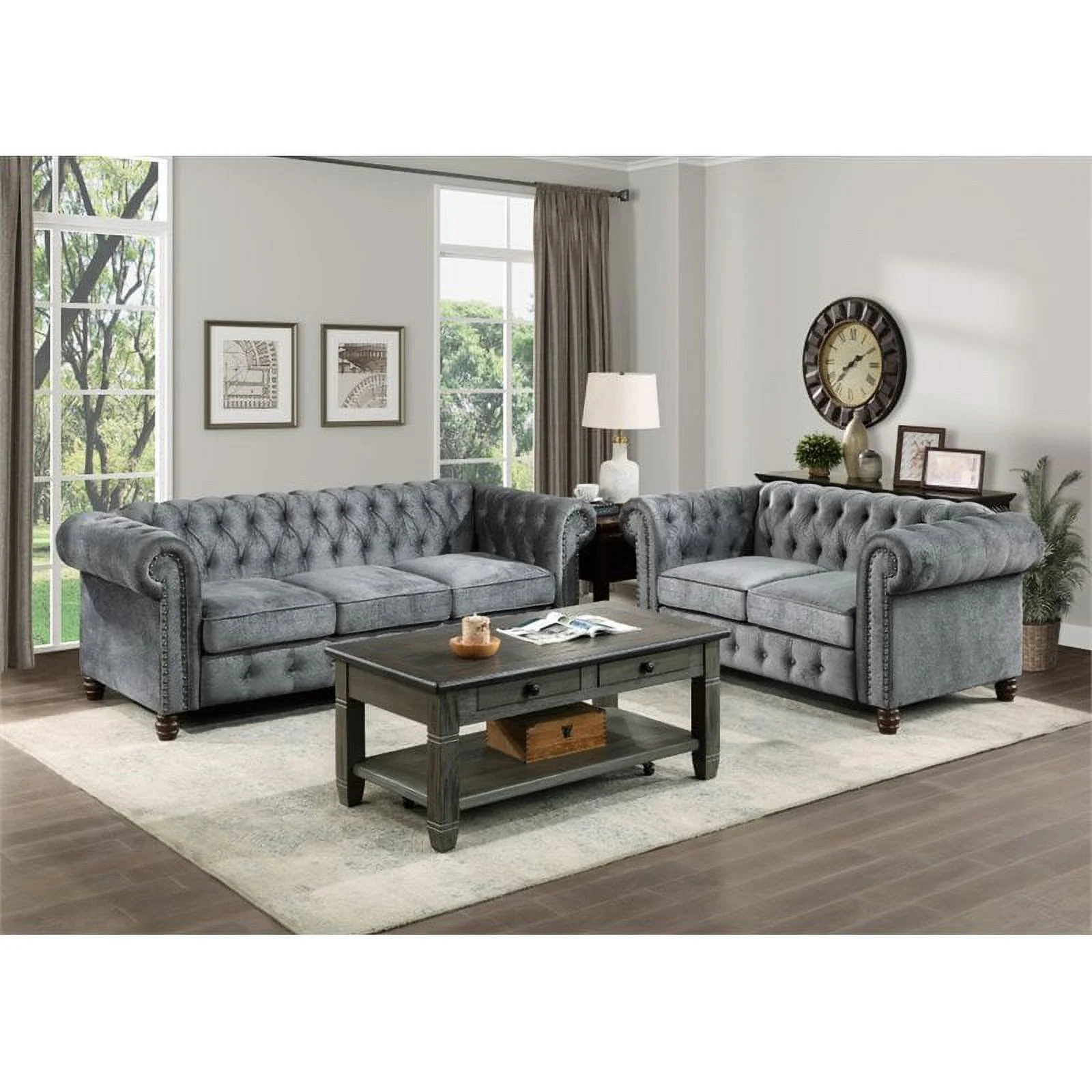 Pemberly Row Velvet Chesterfield Loveseat in Dark Gray