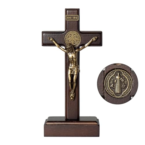 KUXBET Wooden Crucifix Cross with Detachable Stand 10 Inch Standing Catholic Wooden Jesus Christ Wall Hanging Cross for Home Decor