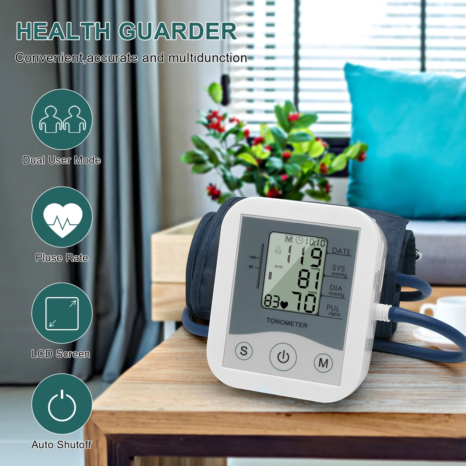 Htovila Arm Sphygmomanometer LCD Digital Display Pulse Scanning Oscillometry Two Measuring Method for Measuring Pulse Rate