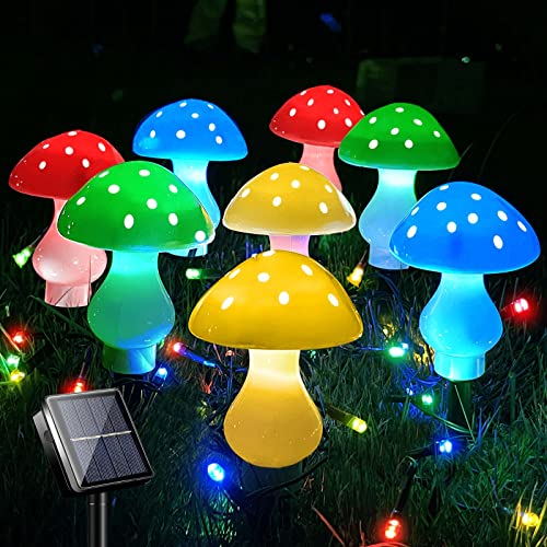 Upgraded Outdoor Solar Garden Lights, 8 Pack 50 LED Mushroom Outdoor 8 Modes 23ft Waterproof Solar Powered Landscape Cute Fairy String Light for Yard Patio Outside Decor（Multicolor）
