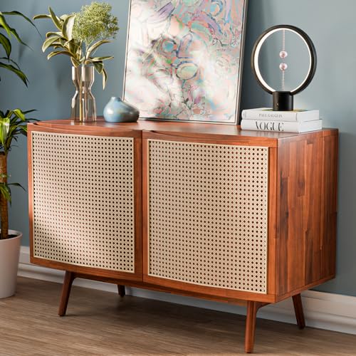 Bme Nancy Solid Acacia Wood Coffee Table for Living Room, Spacious Oval-Shaped 237 Lbs Top Capacity, Rattan Shelf Below, Mid Century, Rustic and Modern Style Living Room Furniture, Dark Chocolate