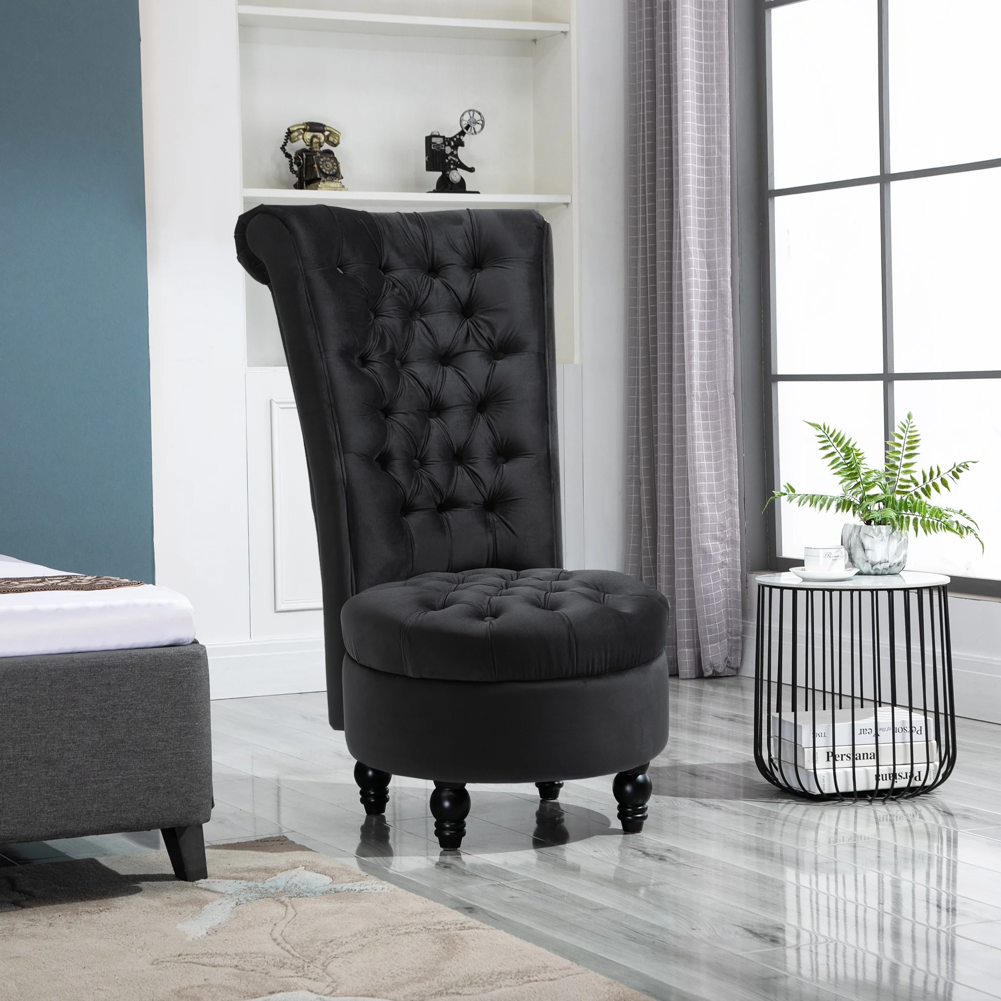 HOMCOM High Back Accent Chair, Upholstered Armless Chair, Retro Button-Tufted Royal Design with Thick Padding and Rubberwood Leg for living Room, Dining room and Bedroom, Black