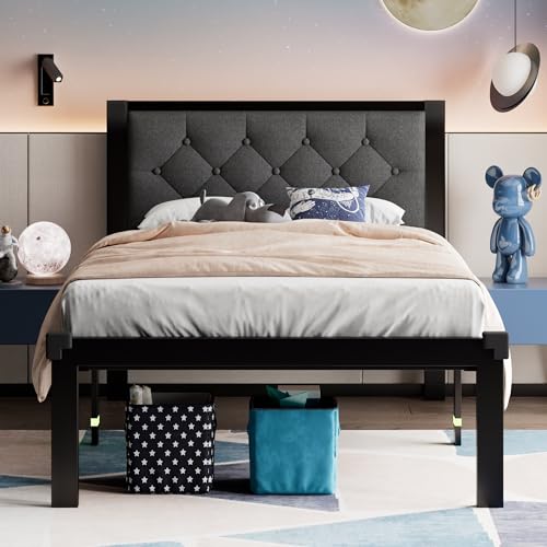 Feonase Full Size Metal Bed Frame with Faux Leather Button Tufted Headboard, Heavy-Duty Platform Bed Frame with 12