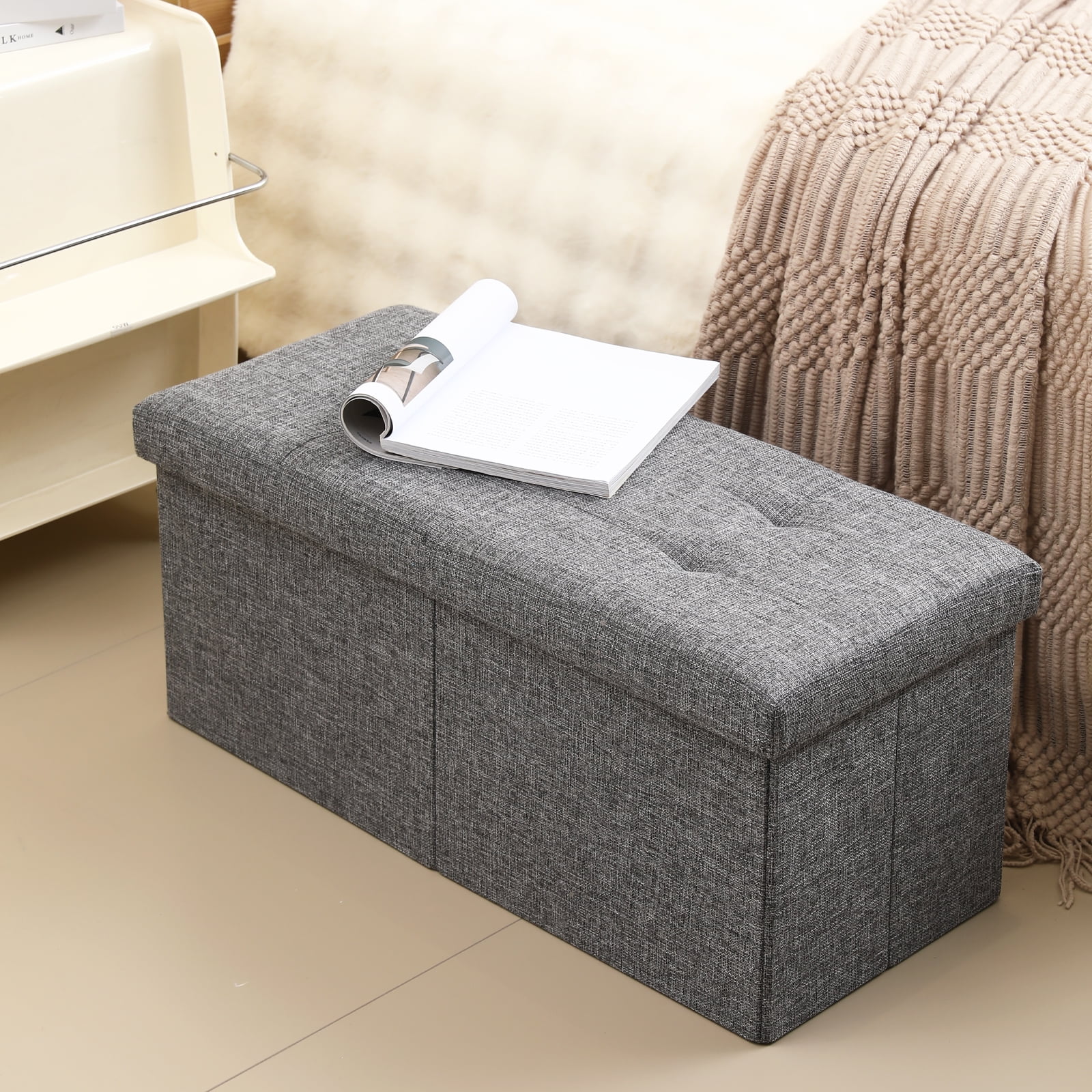 CUYOCA Storage Ottoman Bench Foldable Footrest End of Bed Ottoman for Living Room Bedroom, with Flipping Lid, 75L Storage Space, 30 inches Linen Fabric dark grey