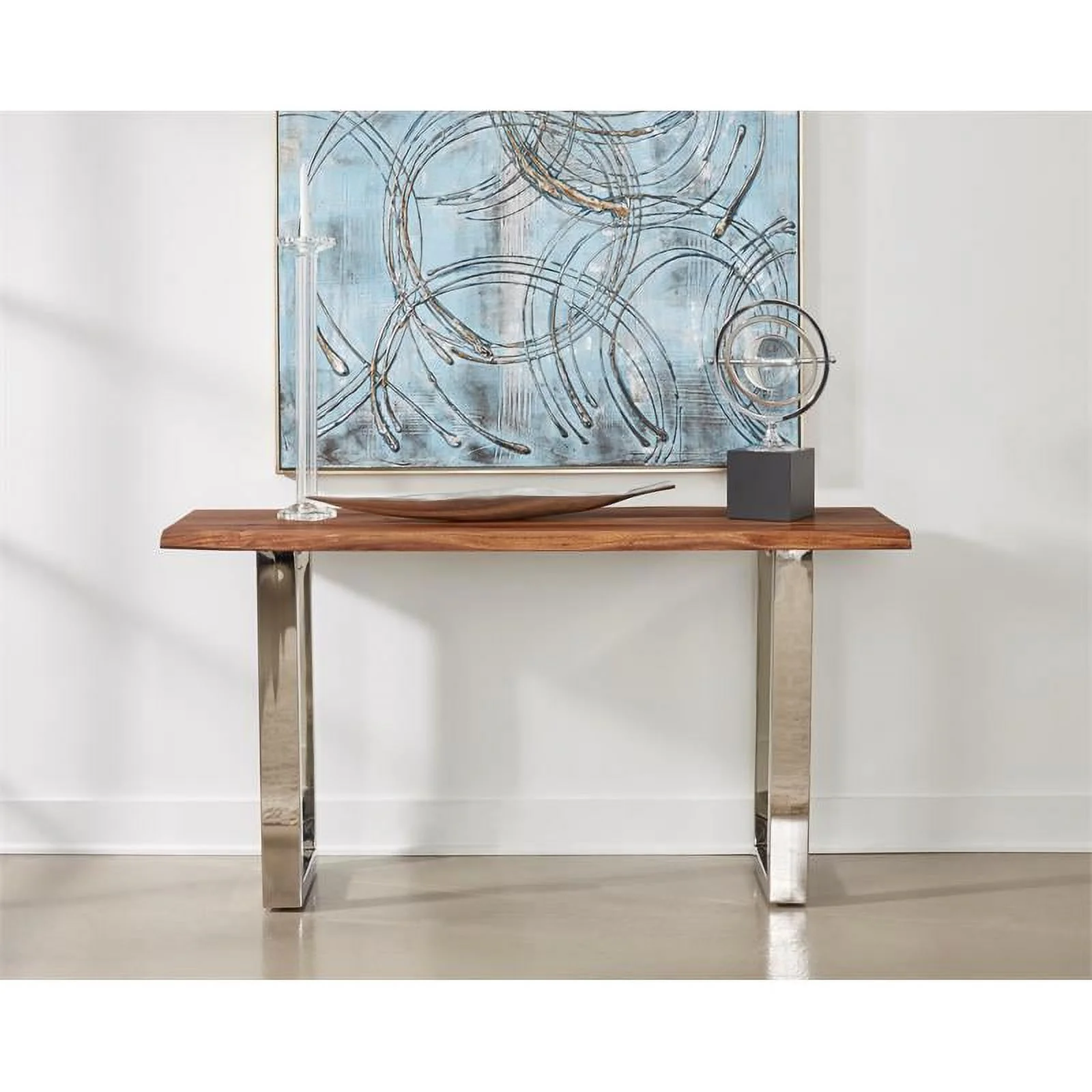 Pemberly Row Brownstone 2 Wood Console Table w/ Brown Top/Chrome base