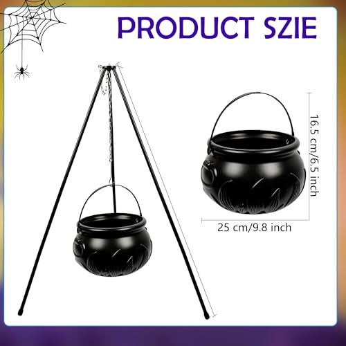 Halloween Large Plastic Witches Cauldron on Tripod with String Lights Black Witch Cauldron Kettle for Halloween Indoor Outdoor Home Yard Decoration