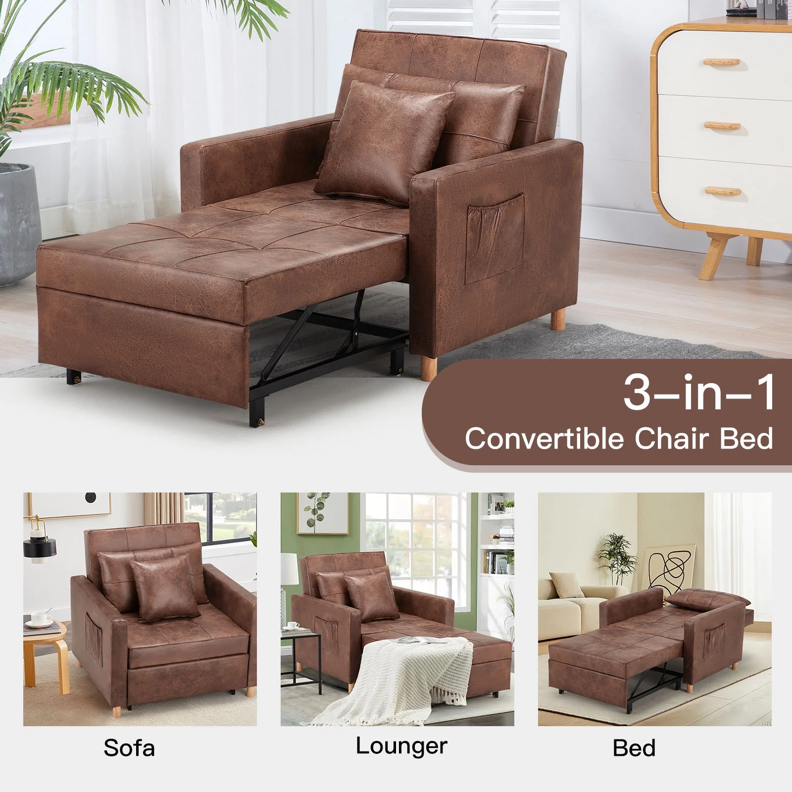 YODOLLA 3-in-1 Sofa Bed Chair, Convertible Sleeper Chair Bed-Saddle Brown