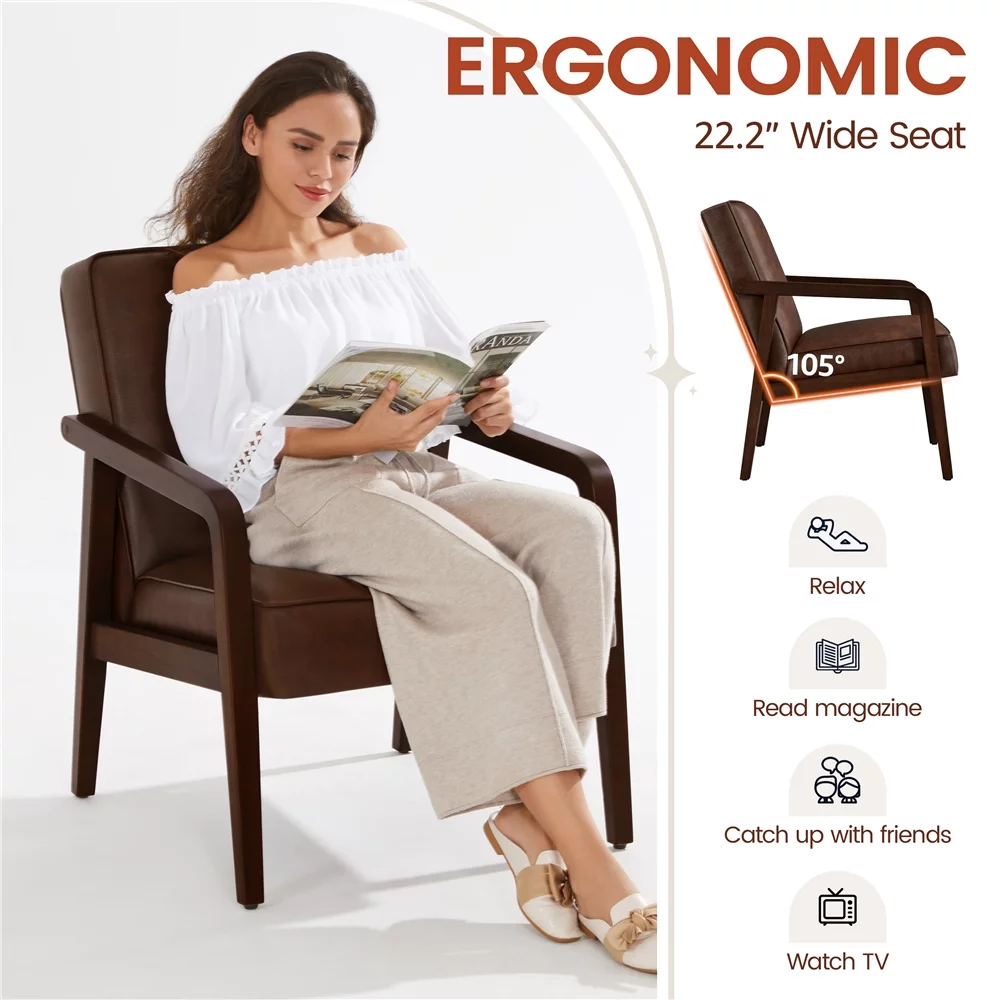 Topeakmart Modern Upholstered Faux Leather Accent Armchair with Solid Wood Frame, Dark Brown
