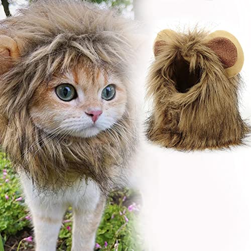Lion Mane Cat Wig, Hat for Dogs and Cat Small Pet Cat Decor, Wig Fancy Hair Cap, Funny Pet Cat Costumes for Halloween Christmas. (M, Brown)