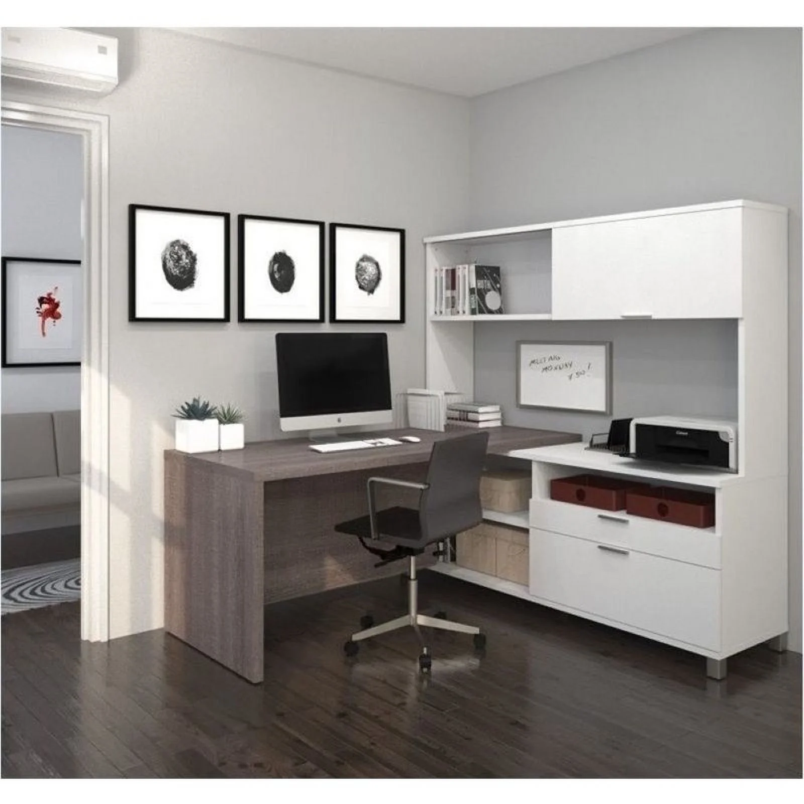 Bowery Hill L-Desk with Hutch in White and Bark Gray