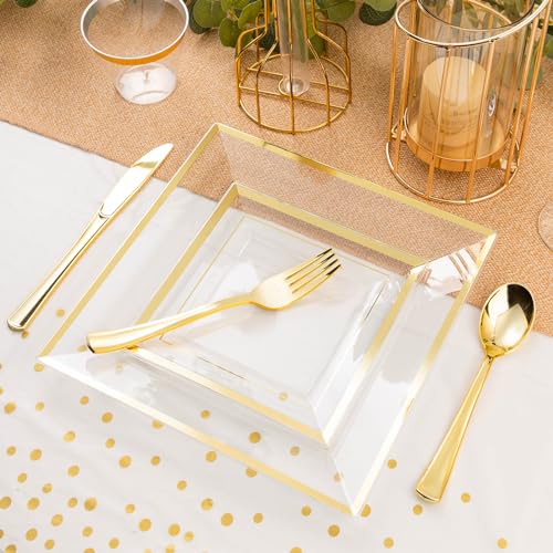 Goodluck 352 Piece Black Dinnerware Set for 50 Guests, Black Square Plastic Plates with Gold Trim, Include: 100 Plastic Plates, 50 Rolled Napkins, 50 Cups, 50 Cutlery Set and 2 Tablecloth