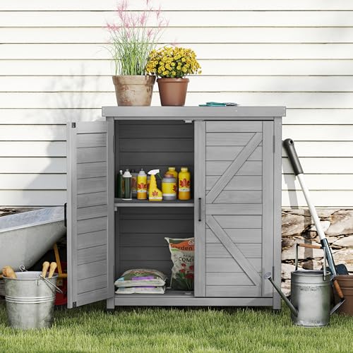 Potting Bench with Storage Cabinet and Metal Table Top for Outdoor Patio, Garden Furniture Wood Workstation (Farmhouse Brown, 31x17x36)