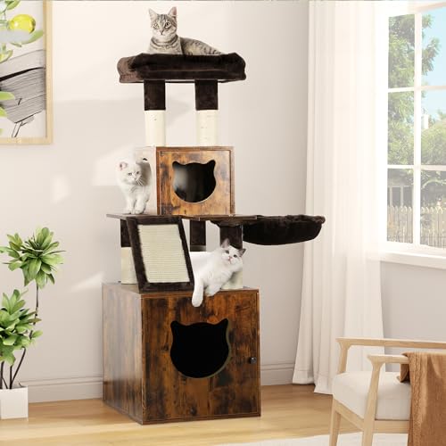 YITAHOME Modern Cat Tree with Litter Box Enclosure, Combo Endtable and Large Cat Tower with Basket, 4-in-1 Litter Box Furniture Hidden and Scratching Post for Large Cats