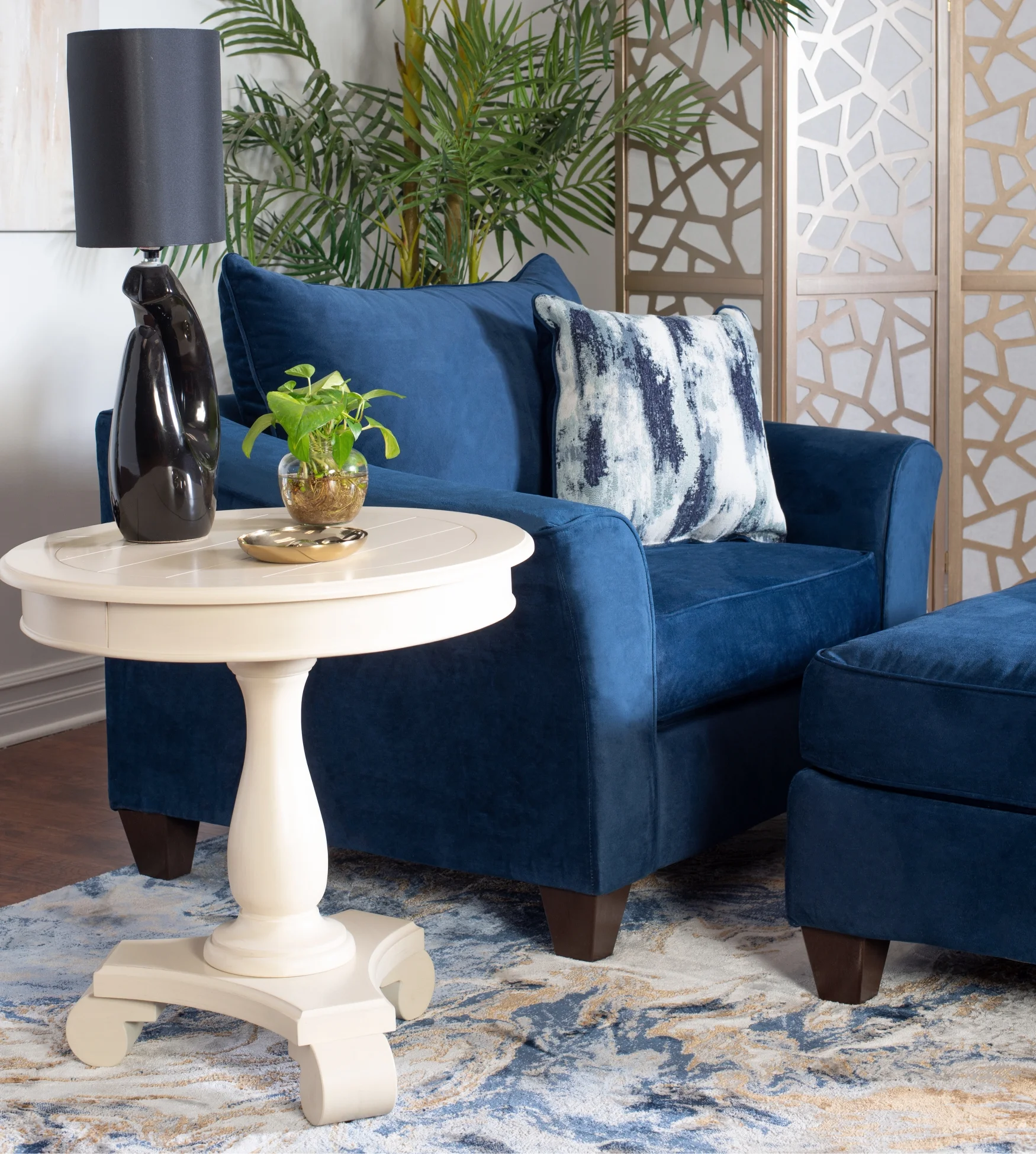 Roundhill Furniture Camero Fabric Pillowback Armchair with Ottoman Set, Fabric, Navy Blue