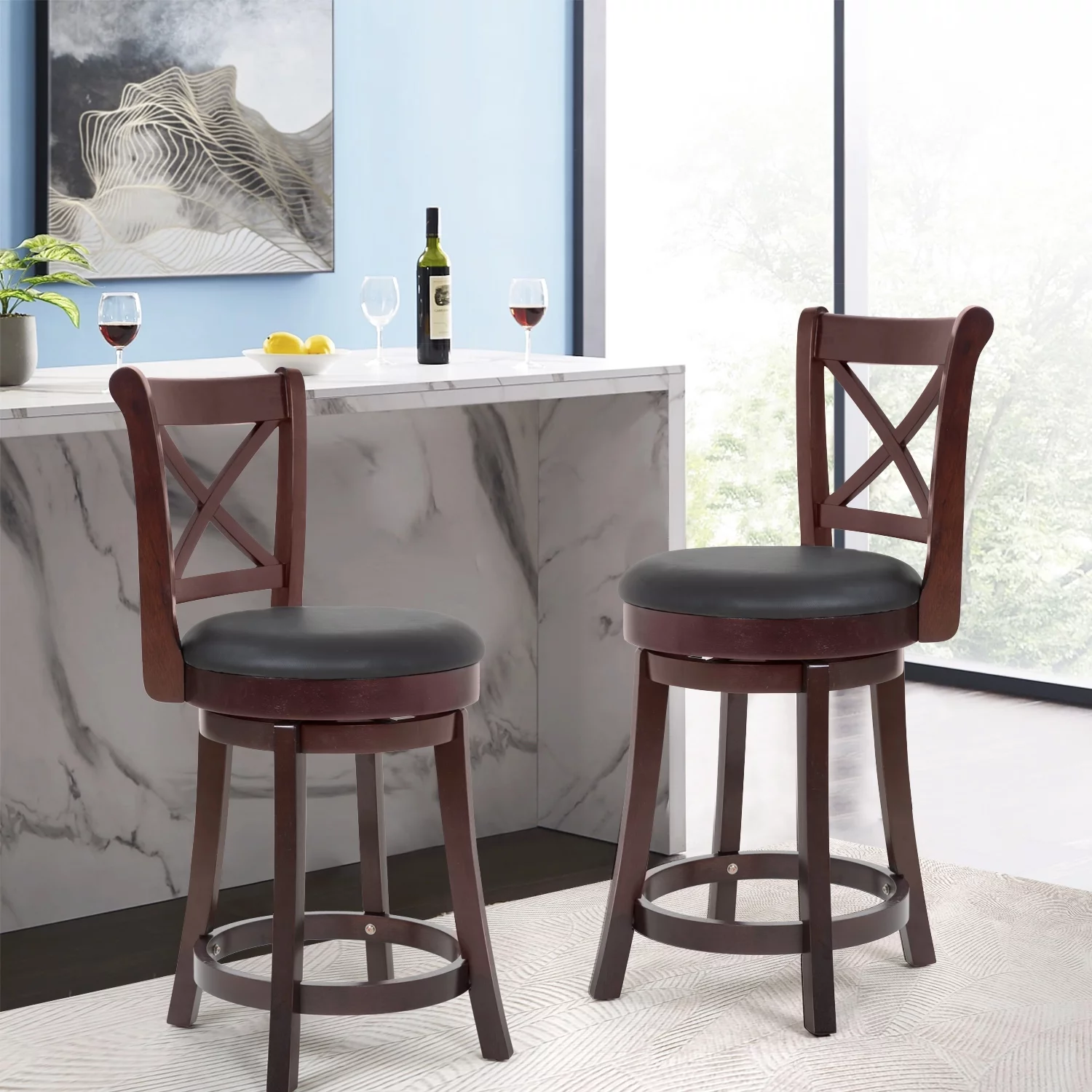 Bar Stools Counter Stools Kitchen Barstools with Wooden Low Back, 360 Degree Swivel, PU Leather Set of 2 (Brown)