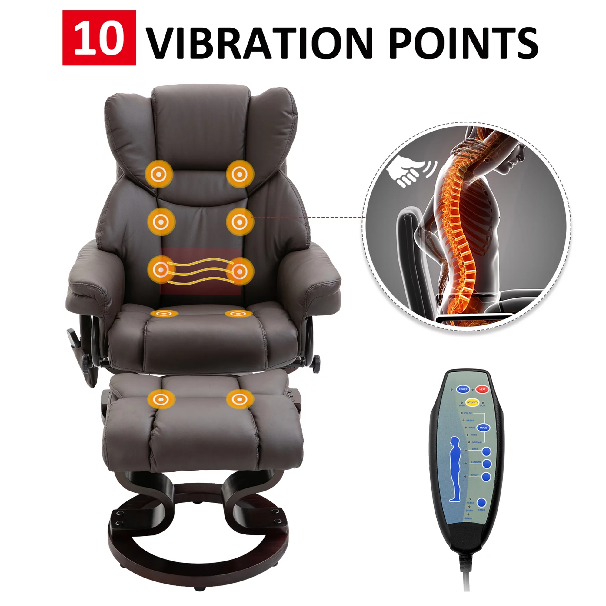 HOMCOM Massage Recliner Chair with Footrest, 10 Vibration Levels, Faux Leather, Brown