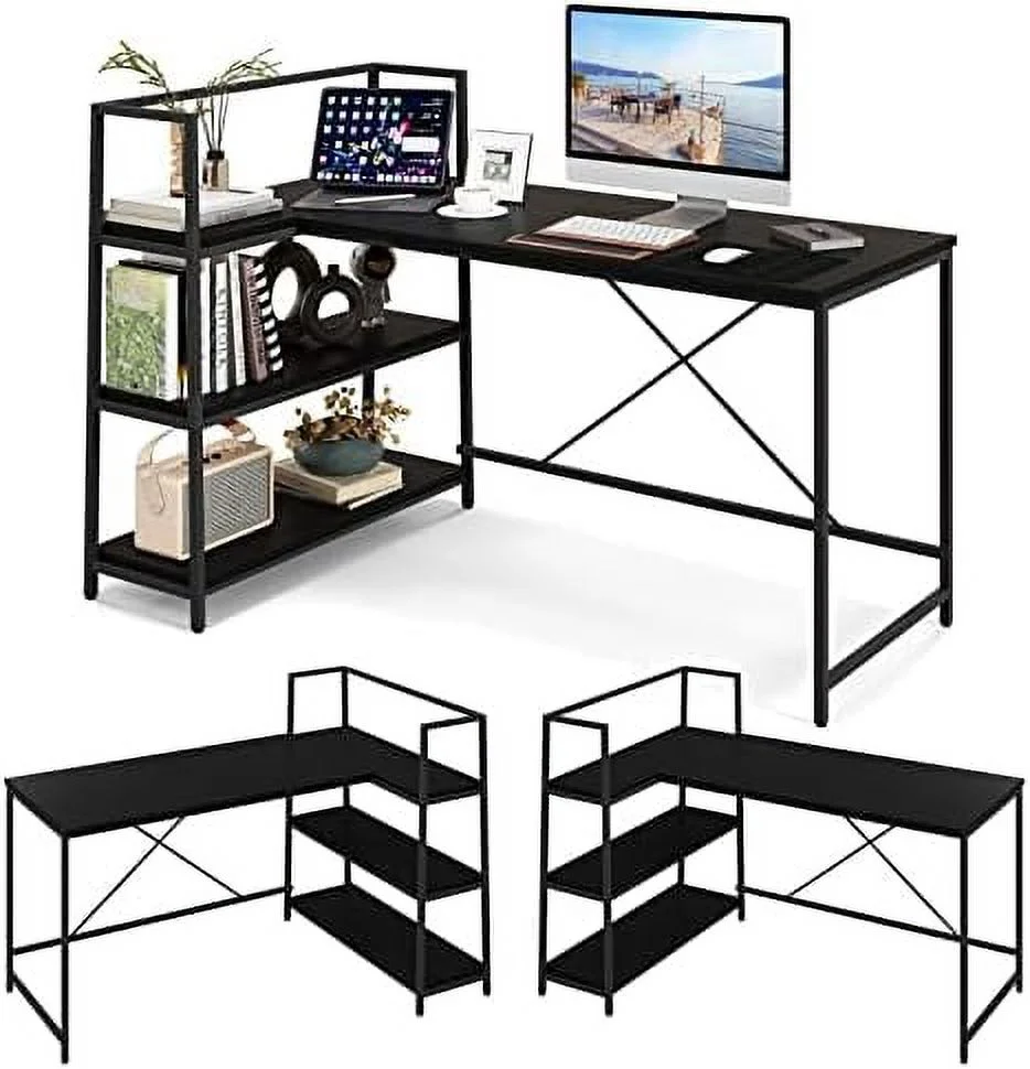 HOOMHIBIU Reversible L-Shaped Computer Desk  Space Saving Corner Desk with 3-Tier  Shelves & Metal Frame  Modern Executive Home Office Desk  PC Laptop Desk Workstation for Small Space