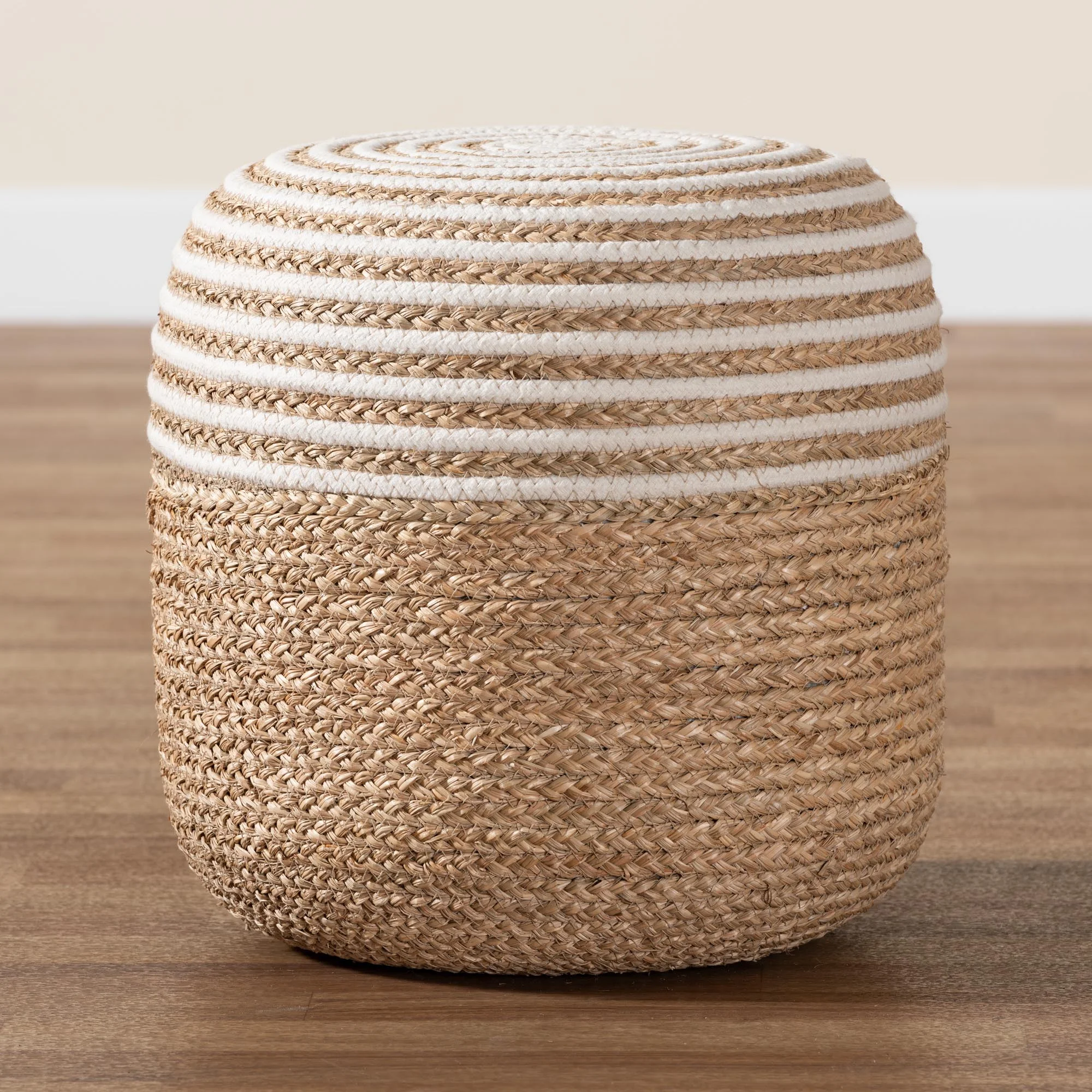 bali & pari Nequiel Modern Bohemian Natural Brown Seagrass and Woven Rope Ottoman Footstool