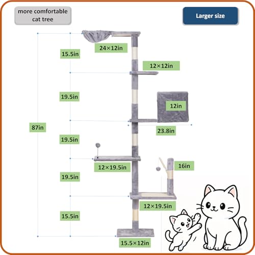 Wall Mounted Cat Climber Set, Modern Cat Furniture with ScratchingPost,Platforms，Dangling Balls,Condo，Suit for Cats Climb, Jump, Nap, Scratch-Gray