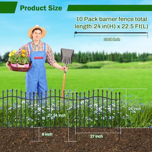 8 Panels Tall No Dig Garden Fence - 40in H x 18ft L, Reinforced Square Tube Rustproof Animal Barrier, Decorative Metal Fencing for Yard & Outdoor Dog Pet Play Areas