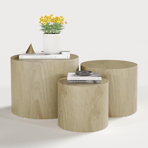 Vikiullf Nesting Coffee Table Set of 3, Round Wooden Coffee Tables, Modern Circle Table for Living Room, Bedroom, Accent Side Table, Saving Space Design and No Need Assembly