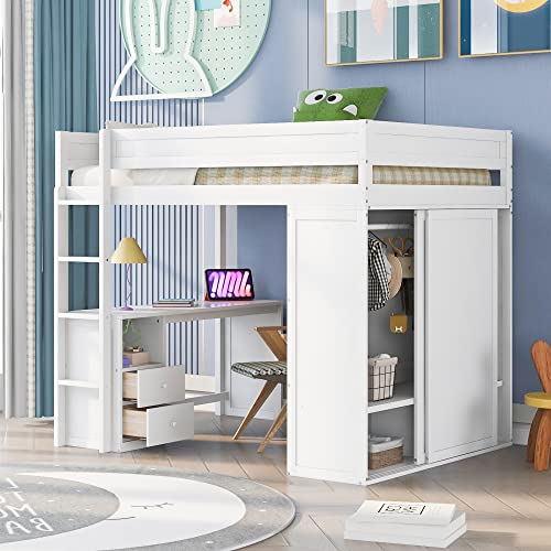 Full Size Loft Bed, Multi-Functional Solid Wood Loft Bed with Wardrobes and 2-Drawer Desk and Storage Cabinet, Modern Full Bed Frame with Built-in Ladder and Safety Guardrails,White