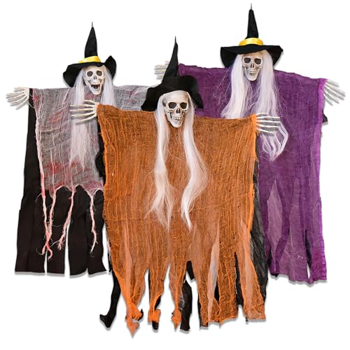 AONEGOLD 3 Pack Skeleton Ghosts Hanging Spooky Decor with White Hair Witch Hats Outdoor Halloween Decorations for Haunted House Party Flying Bone-Chilling Phantom Props Gift.