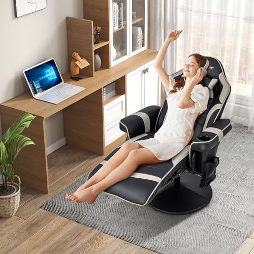 POWERSTONE Gaming Recliner Massage Gaming Chair with Footrest Ergonomic PU Leather Single Sofa with Cup Holder Headrest and Side Pouch, Adjustable Living Room Chair Seating, Black
