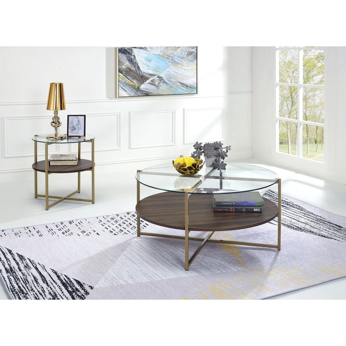 Fox Hill Trading Millenial Round Wood and Metal End Table in Gold