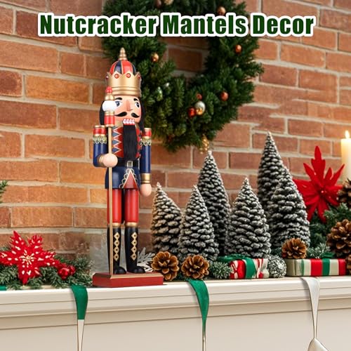 Christmas Nutcracker Figures - 15 Inch Wooden Nutcracker King with Scepter Ornaments for Xmas Tabletop Festival Shelves Decorations
