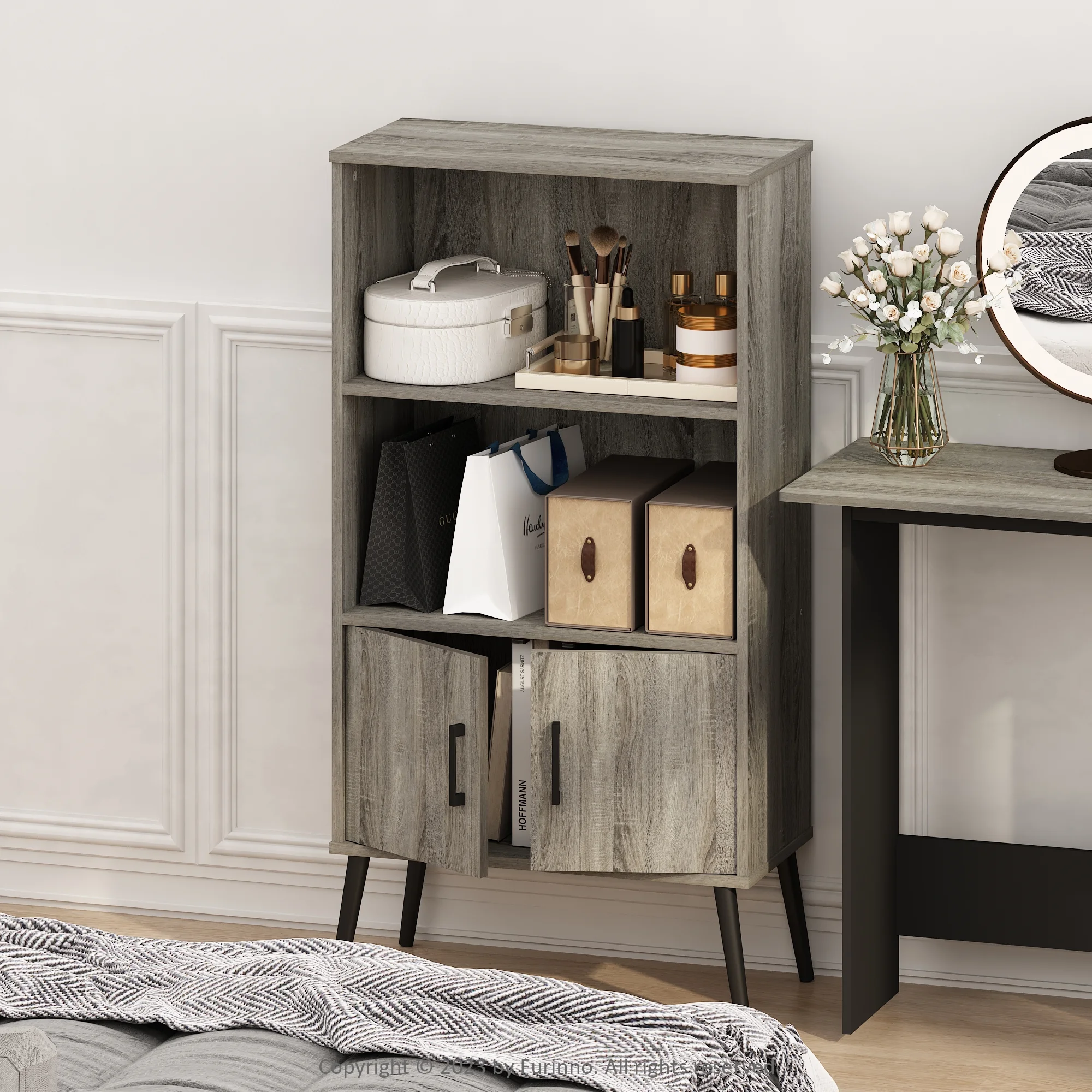 Furinno Mid-Century Open Display Shelves & Storage Cabinet with Wooden Legs, French Oak Grey