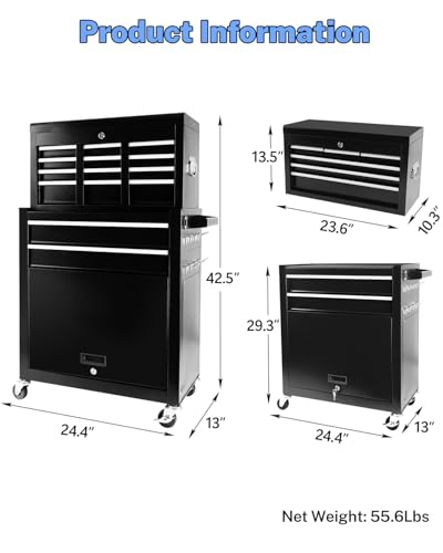 Heavy-Duty 7-Drawer Rolling Tool Chest with Wheels, Steel Tool Storage Cabinet with Lock & Liner for Workshop for Workshop/Garage - Includes 7 Organizer Boxes, Black