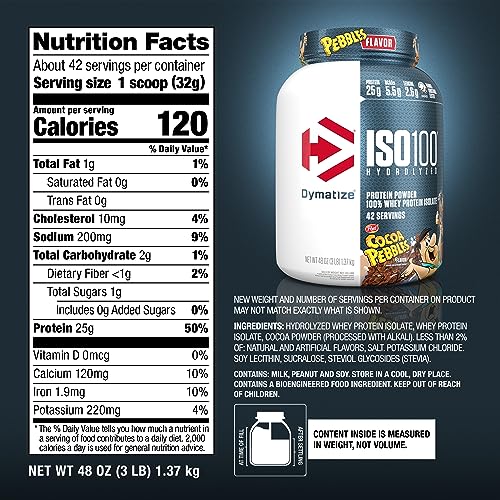 Dymatize x Fruity Pebbles ISO100 Whey Protein Powder Isolate, 25g of Protein, 20 Servings, 5.5g BCAAs, 120 Cal., Gluten Free, 1g Fat, 1g Sugar, 2g Carb