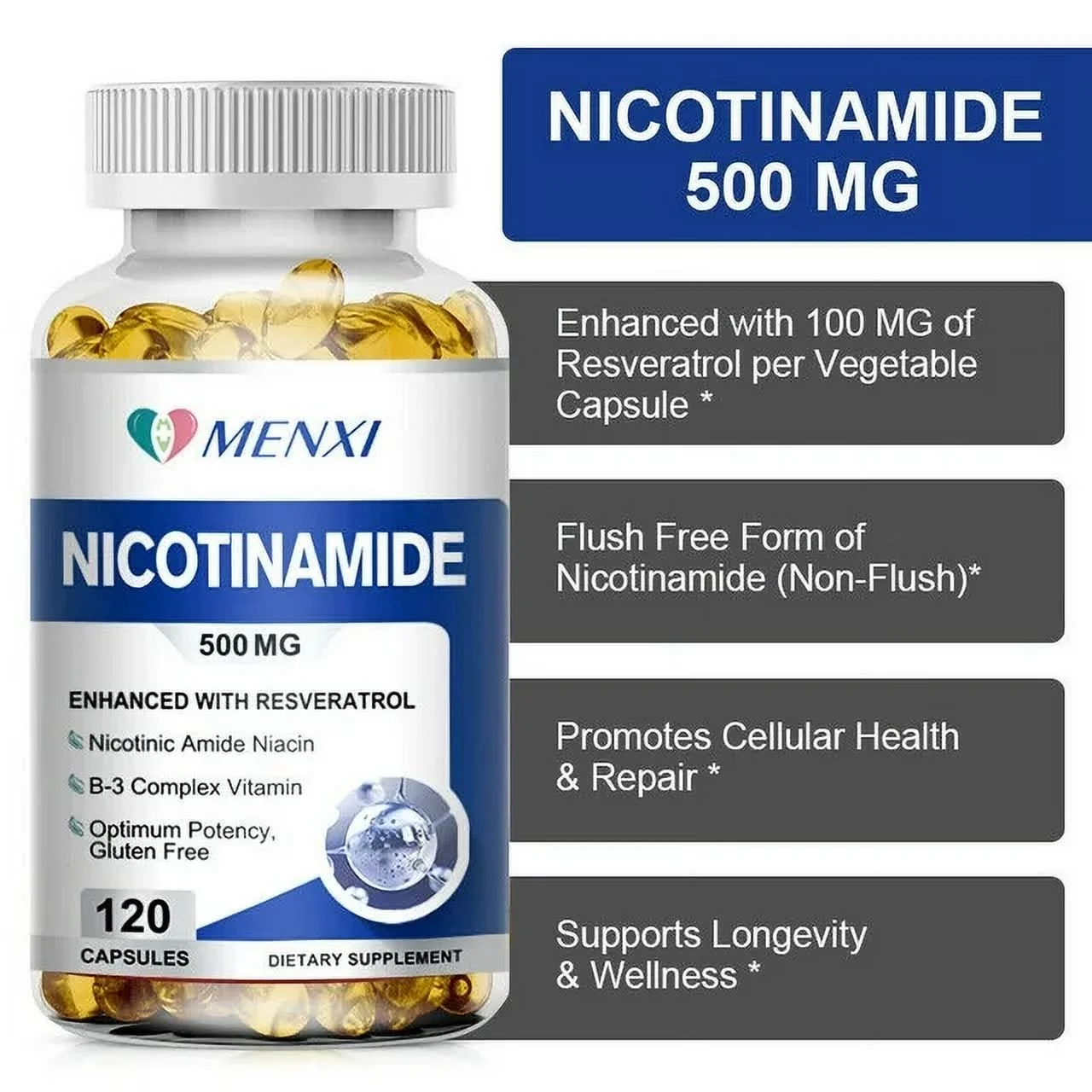 Nicotinamide 500MG Resveratrol, Anti-aging NAD Supplement 120 Capsules