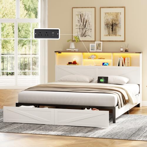 Twin Bed Frame with Bookshelf, Bookcase High Headboard with Charging Station and LED Light, Farmhouse Bed with Storage Drawers, No Box Spring Needed, Noise Free, Easy Assembly, Antique White