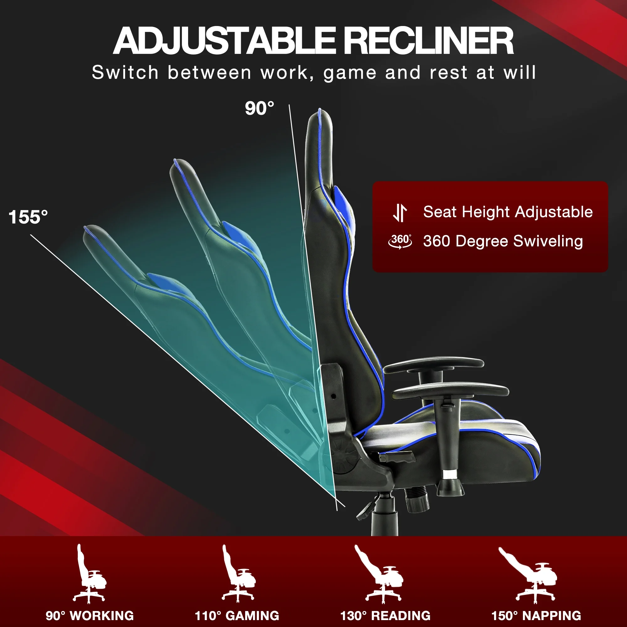 JONPONY Gaming Chair Office Chair PU Leather with Adjustable Headrest,Blue