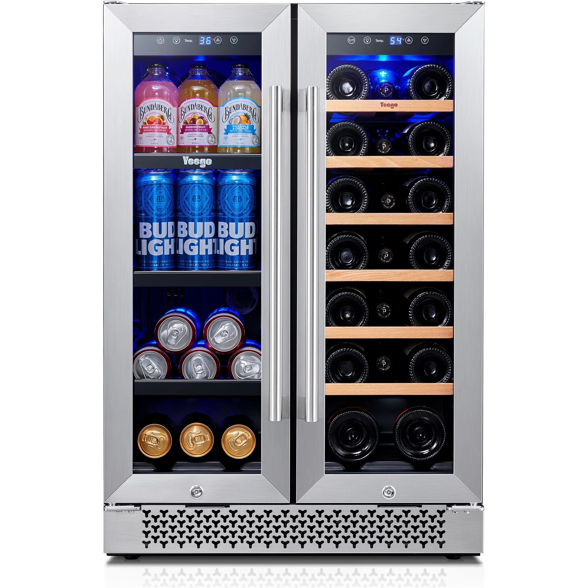 Yeego 24 Inch Wine and Beverage Refrigerator,60 Cans and 20 Bottles Dual Zone Wine Fridge Cooler,Stainless Steel French Door