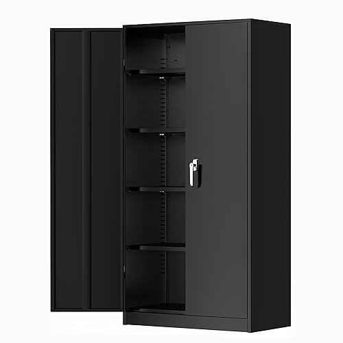 Greenvelly Metal Garage Storage Cabinet with Lock, 72”Metal Storage Cabinet with 2 Doors and 4 Adjustable Shelves, Steel Tool Cabinet for Garage,Home Office, School,Gym (Black Grey)
