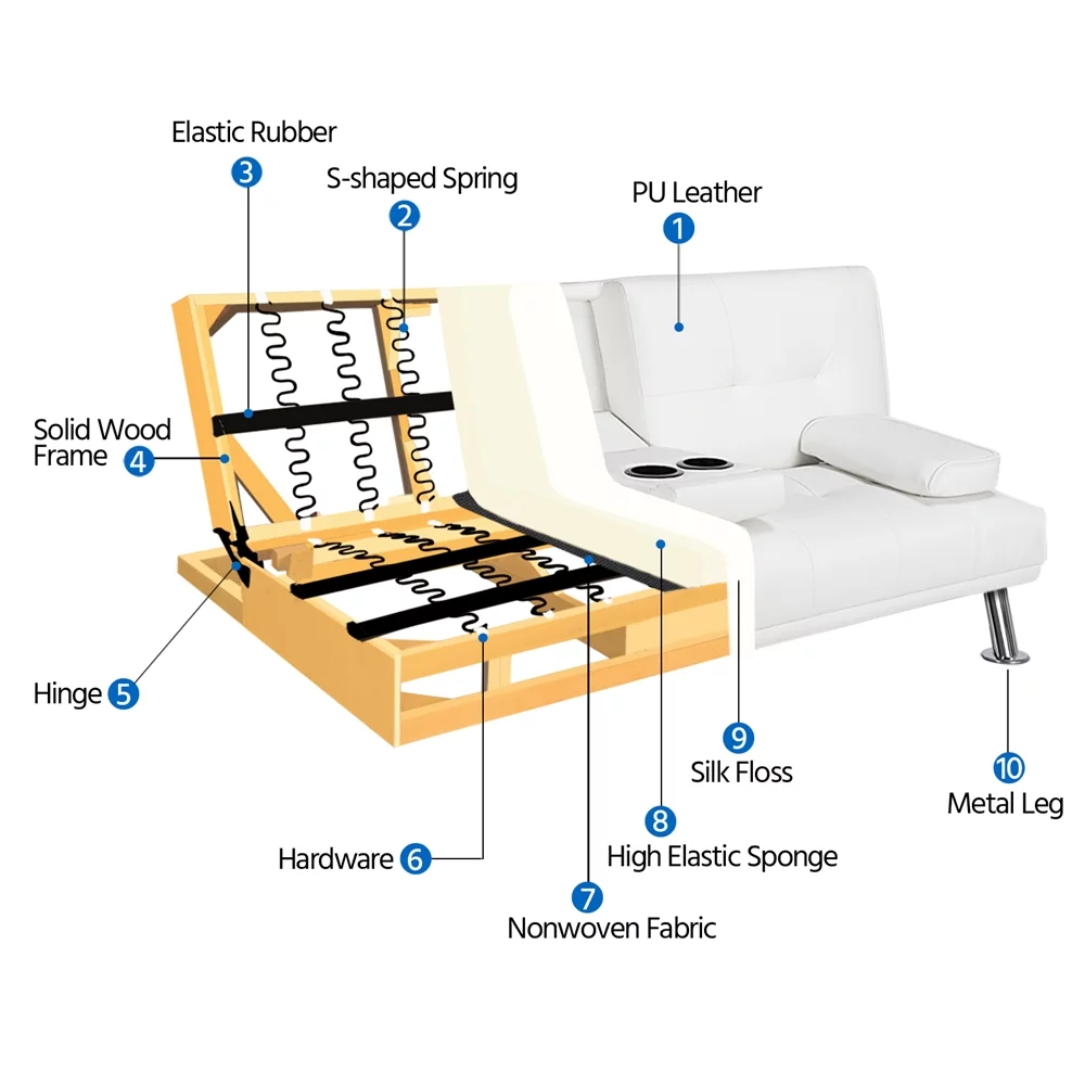 Easyfashion LuxuryGoods Modern Faux Leather Futon with Cupholders and Pillows, White