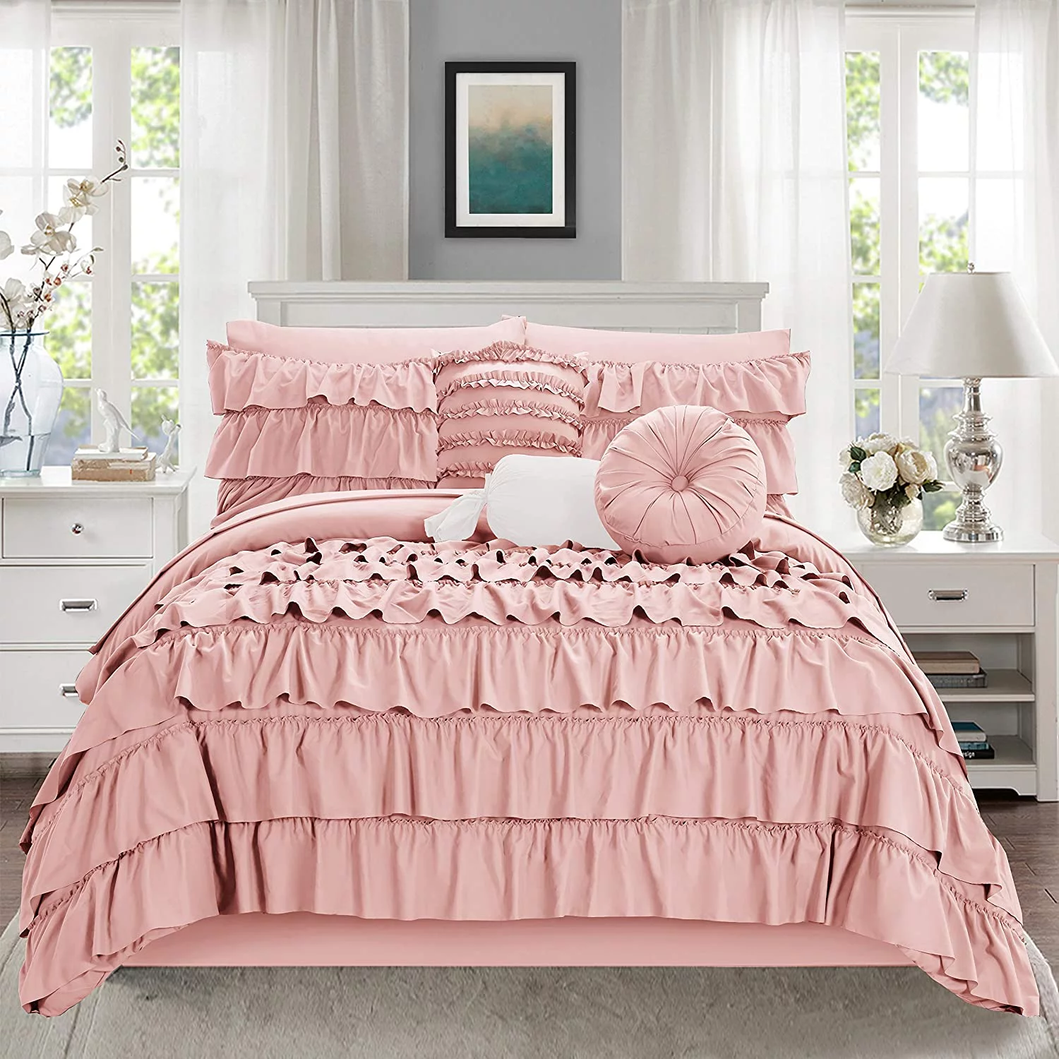 Mocassi 10-Piece Bed-in-a-Bag, Includes Bed Sheet with Double Sided Storage Pockets & Decorative Pillows, Multi-Ruffle Comforter, Full/Queen, Dusty Rose