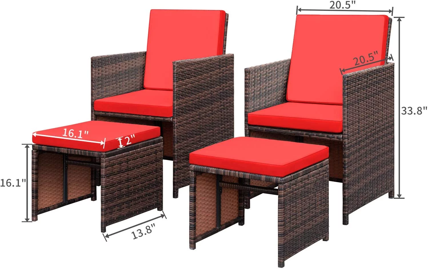 Devoko 4 Pieces Patio Furniture Dining Set Patio Wicker Rattan Chair Sets Outdoor Furniture with Ottoman, Red