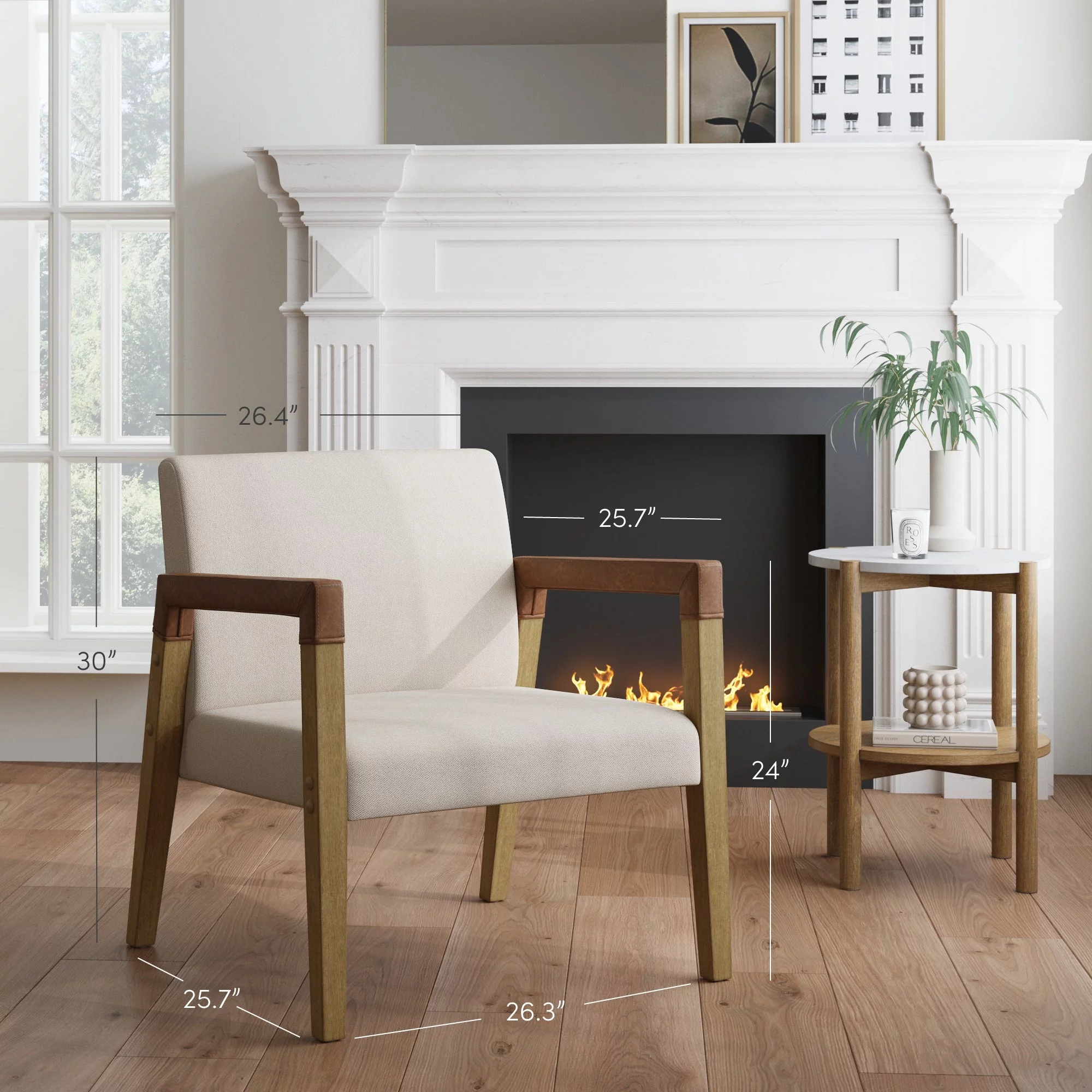 Nathan James Hudson Natural Flax Upholstered Accent Chair with Arms Wrapped in Chestnut Brown Faux Leather