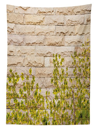 Ambesonne Brick Wall Outdoor Tablecloth, Ground Creepy Climbing Wood Ivy Plant Leaf on Brick Wall Nature Flower Invasion, Decorative Washable Picnic Table Cloth, 58
