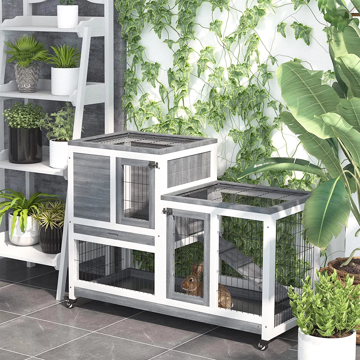 ZPL 43 Inch Rabbit Hutch, Wood Indoor Rabbit Cage Pet Cage with Wheel, Outdoor Large Rolling Bunny Hutch, Guinea Pig Hamster Hedgehog House with 2 No Leak Tray