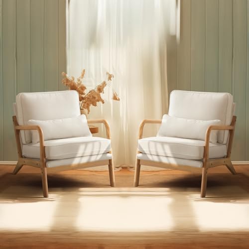 Bonnlo Fine Beige Accent Chairs Set of 2, Upholstered Mid Century Modern Lounge Fabric Chairs Reading Chairs Side Sitting Chair Solid Wood Farmhouse Armchairs for Living Room, Bedroom, Guest Room