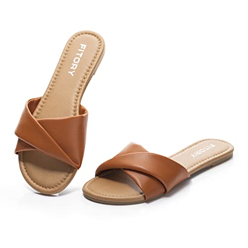 FITORY Women's Flat Sandals Fashion Slides With Soft Leather Slippers for Summer Size 6-11
